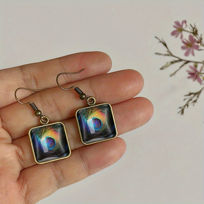 Vintage Square Earrings with Peacock Feather Design