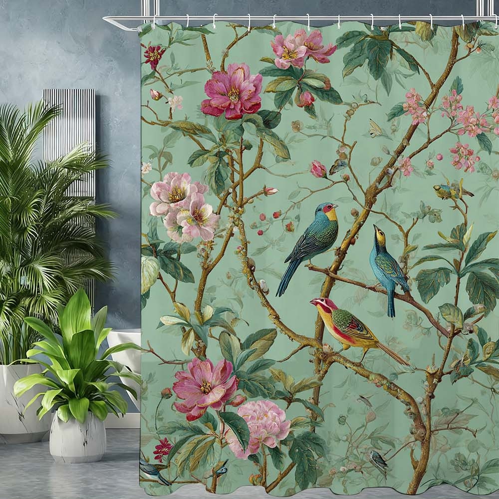 TEMU 1 rideau de douche décoratif moderne avec un motif floral d'oiseaux, livré avec des crochets. Cette décoration de salle de bain met en valeur un