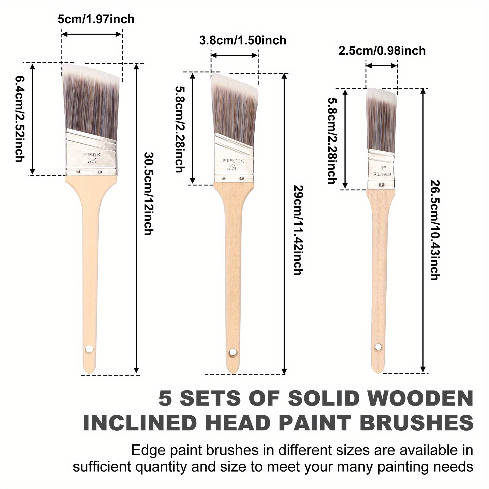 5pcs Professional Angled Sash Brush Set - Thin Soft Bristles, Wood Handle & Stainless Steel Ferrule for Doors, Trim, Furniture & Enamel Paint (3 Sizes)