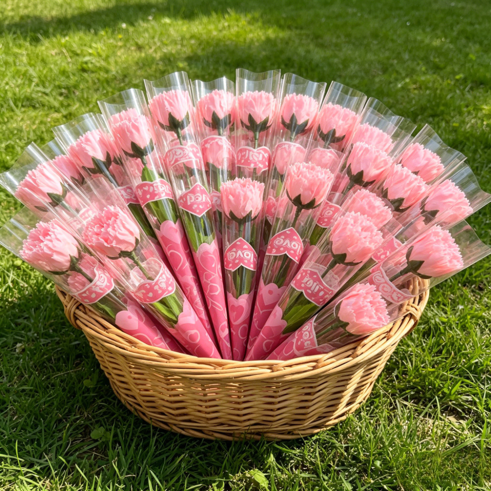 TEMU 50 (25 Flowers + 25pcs Packaging) / / Qixi Festival Simulated Flowers, Artificial Carnation Bouquets, Romantic Gifts To Love, Home Decoration,