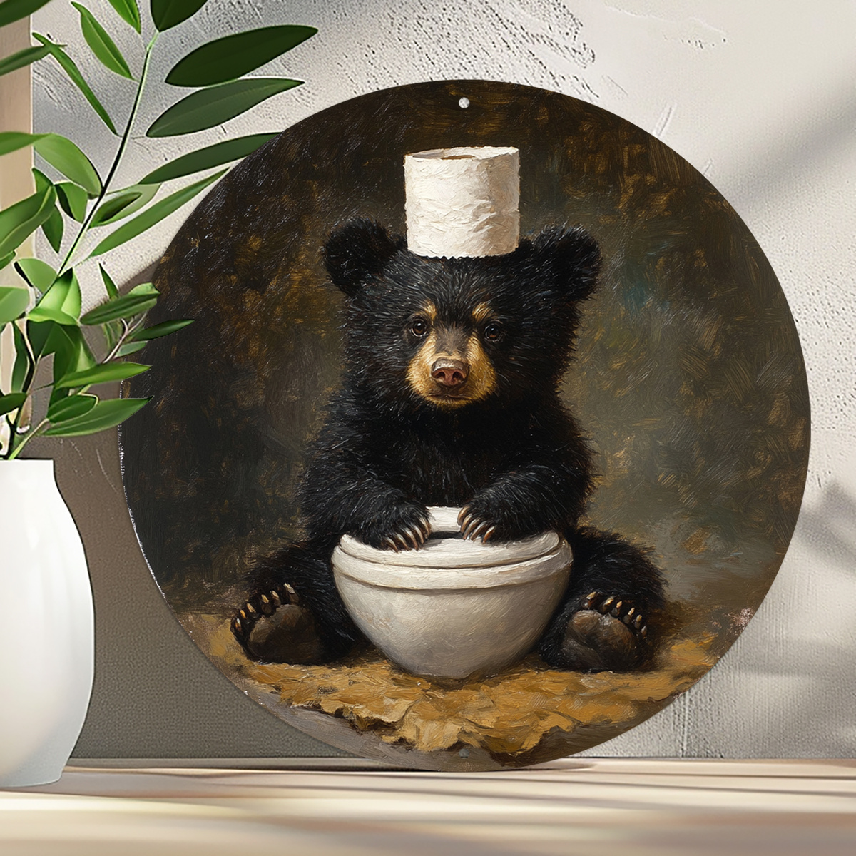 

1pc Vintage Bear With Paper Towel On Toilet 2d Round Aluminum Sign, For Kitchen Bathroom Man Cave Farmhouse, Multipurpose Home Decor, 8x8 Inch,