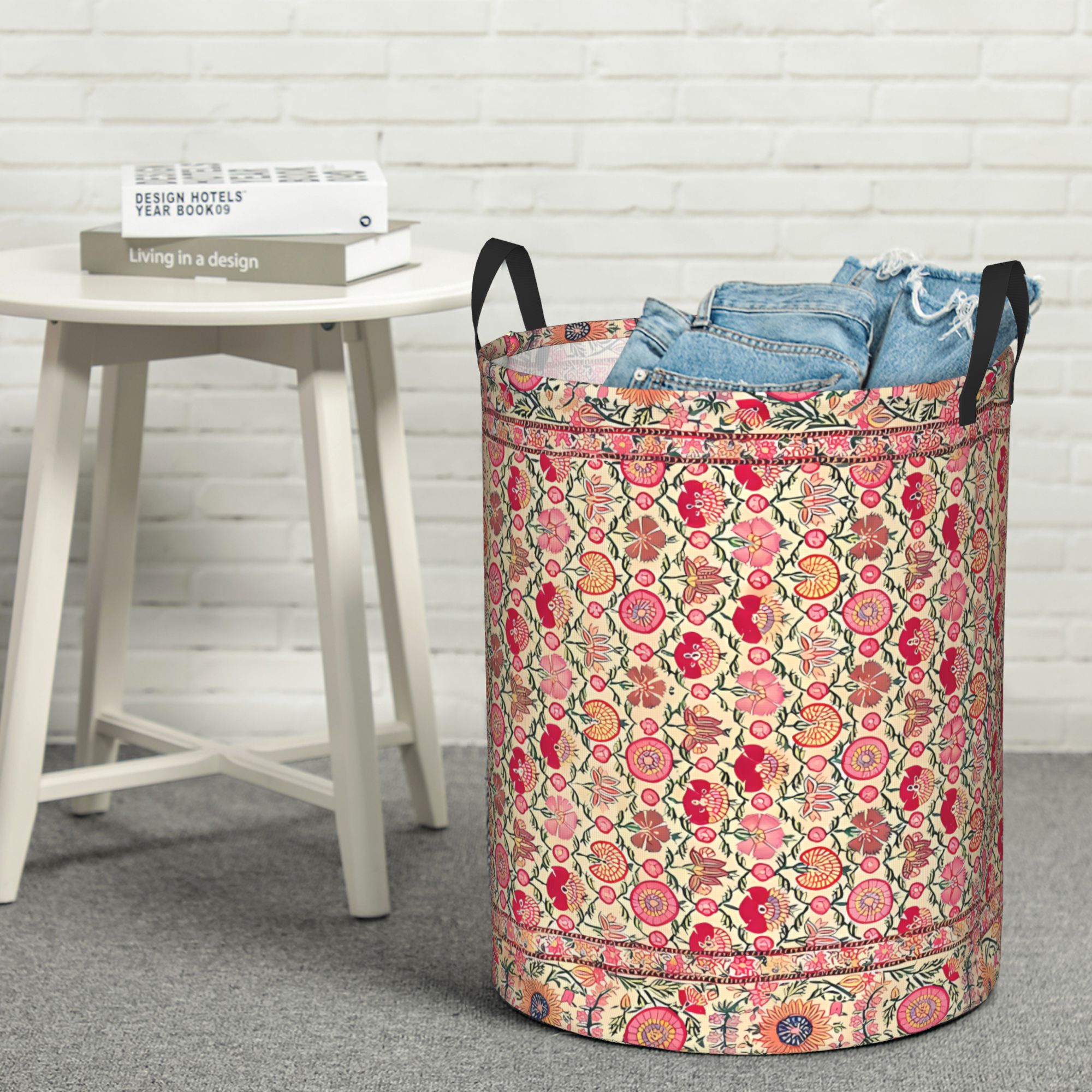 TEMU 1pc Boho Vintage India Embroidered Laundry Basket - Collapsible Round Hamper With Handles, Fabric Storage Organizer Suitable For Bedroom,