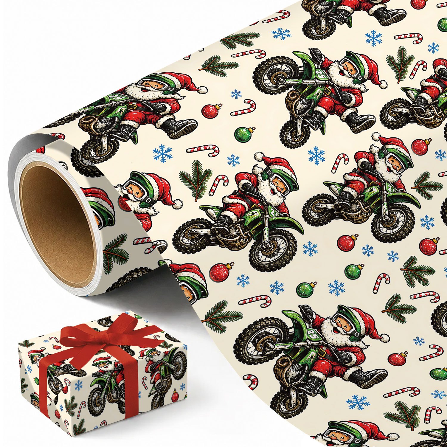 TEMU 1 Santa Riding Motorcycle Christmas Wrapping Paper - Retro Dirt Bike Themed Suitable For Xmas Gifts, Holiday Party Decorations With Santa Claus,