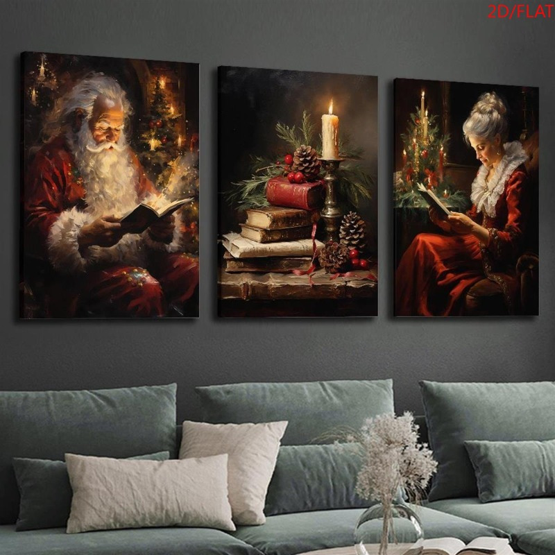 E-shop 2D Flach, 3er-Set Viktorianisch für Bücher & Kerzen – Viktorianische Weihnachtswandkunst, Rahmenlose Drucke geeignet für Schlafzimmer –