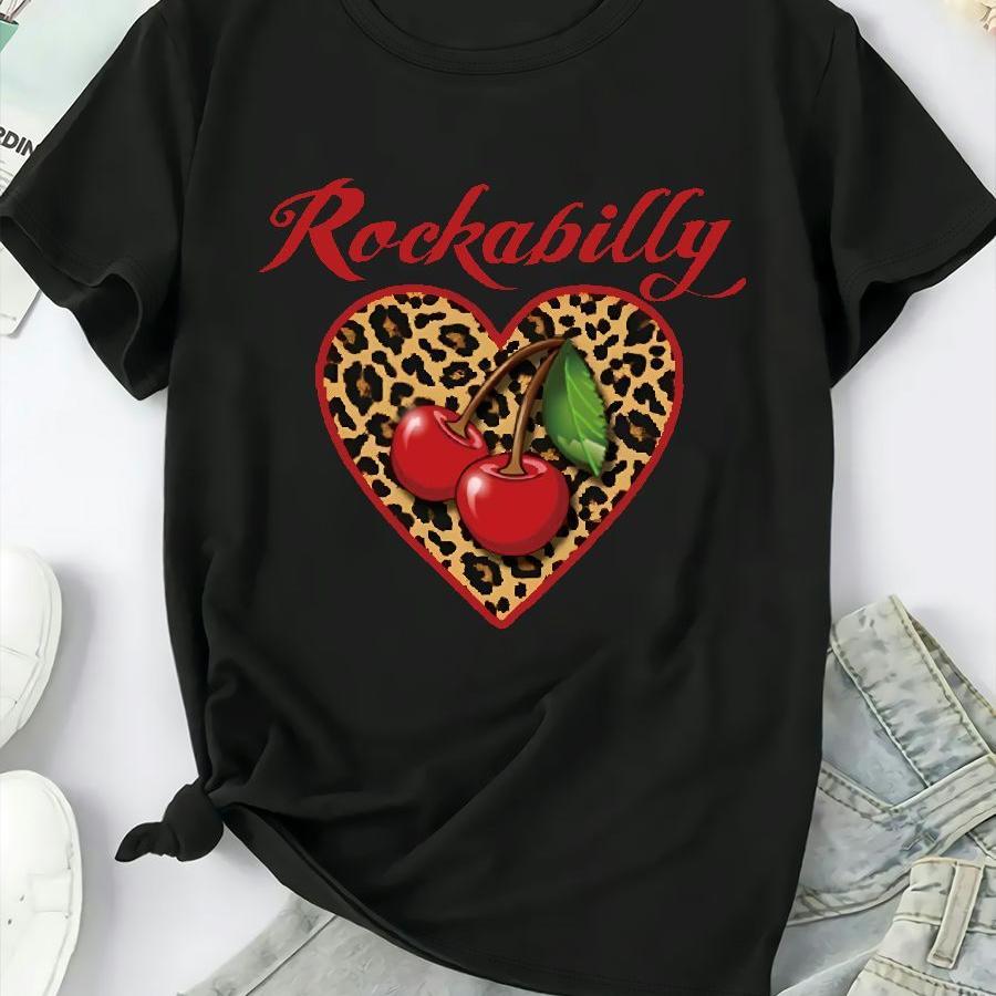 

Women's Plus Size Casual Crew Neck T-shirt, Polyester 95% Elastane 5%, Rockabilly Heart Print, Short Sleeve, Stretch, Spring/summer/fall, Regular Length, Knit Fabric 180g/m²