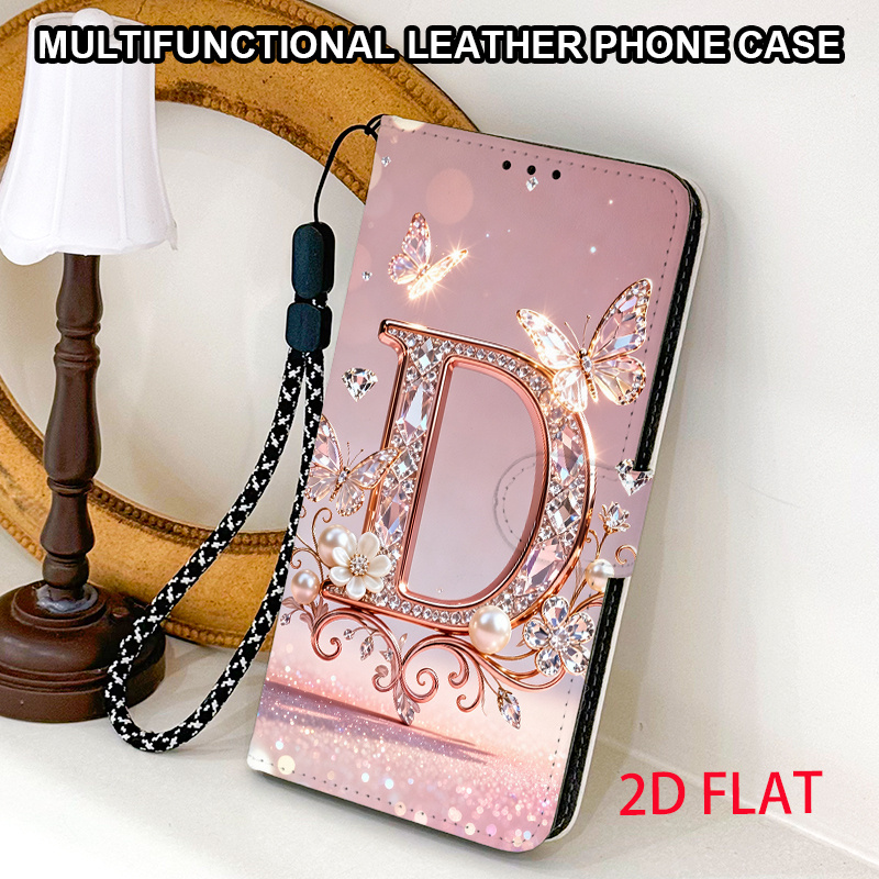 TEMU Phone Case - 2d Flat Printing Letter D Pattern Wallet Phone Case - Magnetic Flip Card Slot Stand Shockproof Protective Cover For Iphone