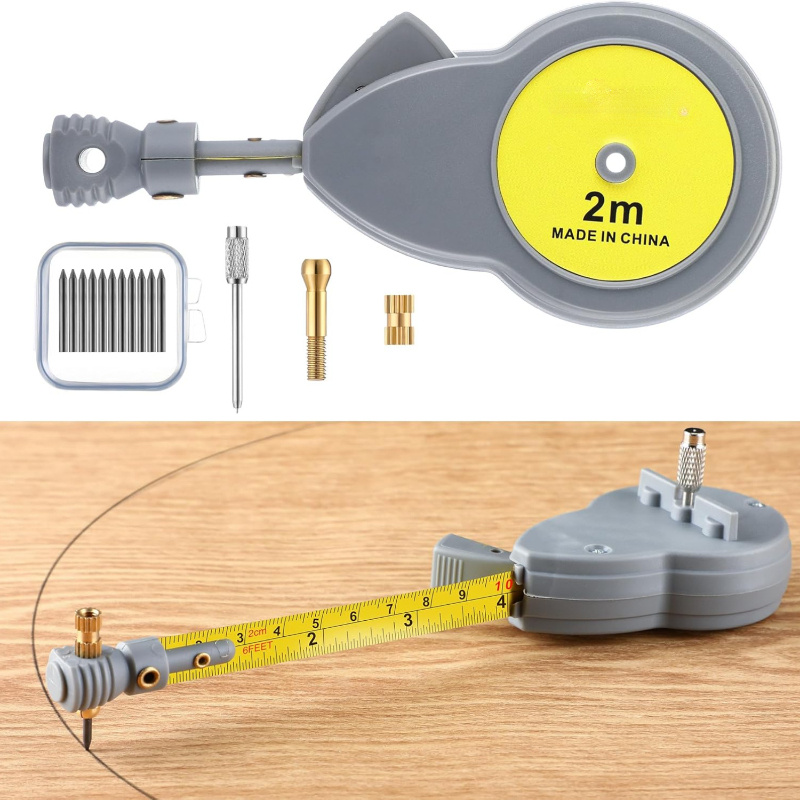 

1pc Steel Woodworking Scribing Measuring Tape, Multifunctional Drawing Arc Tool With 10 Pencil Leads, Marking Compass For Woodworking - 2m Length