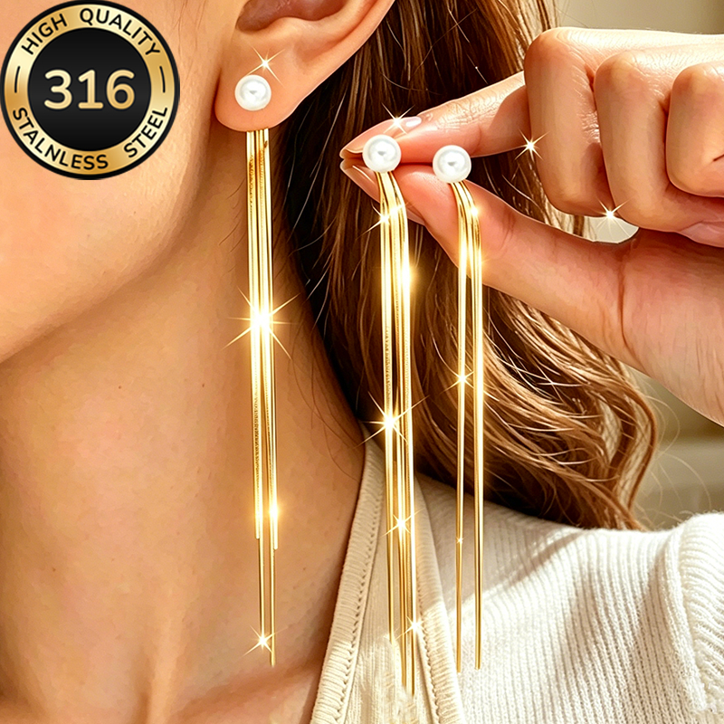 TEMU Elegant And Luxurious High-quality Golden Tassel Drop Earrings, Women's Fashion Earrings, Elegant Accessories For Women, Stainless Steel Women's