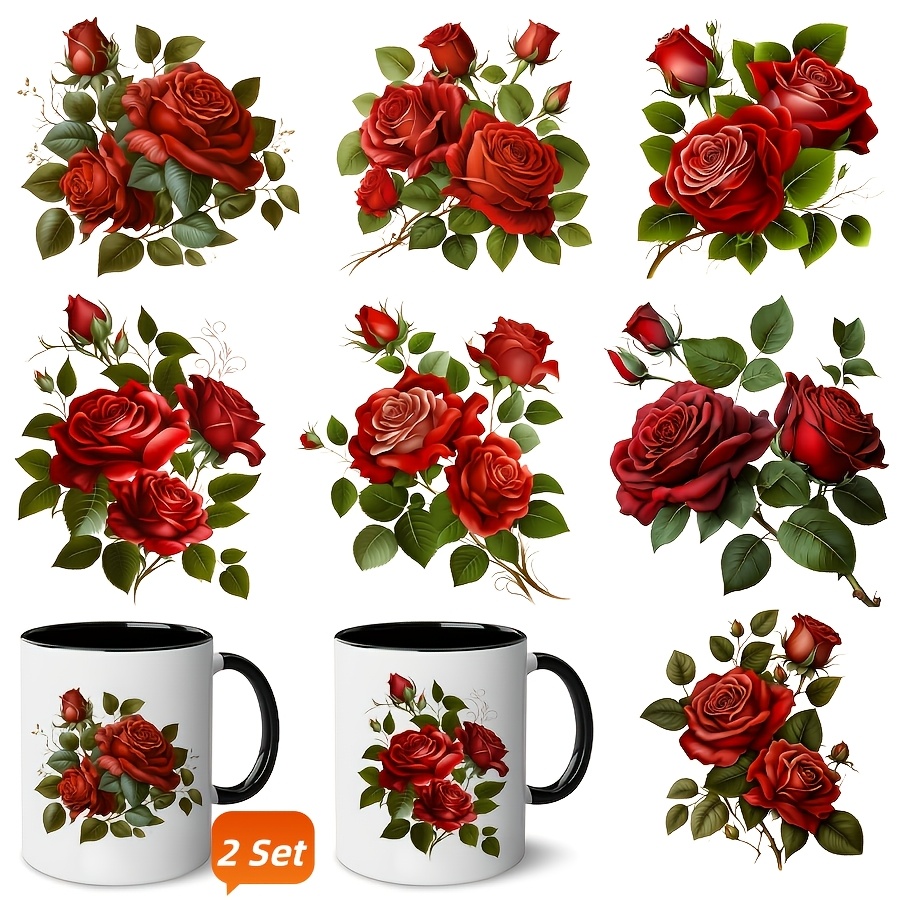 TEMU 7 Sheets Of Watercolor Valentine's Day Rose Transfer Paper Uv Dtf Transfer Paper- Pvc Self-adhesive Transfer Paper With Crystal Decoration,