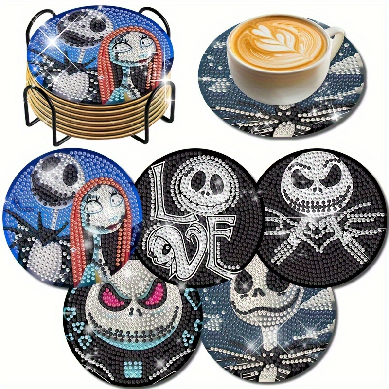 

5pcs Set Of Diy Diamond Painting Coasters With Stand Jack Skeleton Pattern Diamond Embroidery Mosaic Coasters Diamond Art Crafts Non-slip Coasters Insulation Pads Table Decoration Holiday Gifts