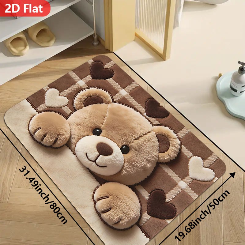TEMU 2d Flat, A 2d Flat Cute Little Bear Door Mat Anti Slip Bathroom Floor Mat, Absorbent Machine Washable Flannel Carpet, Suitable For Bedrooms,