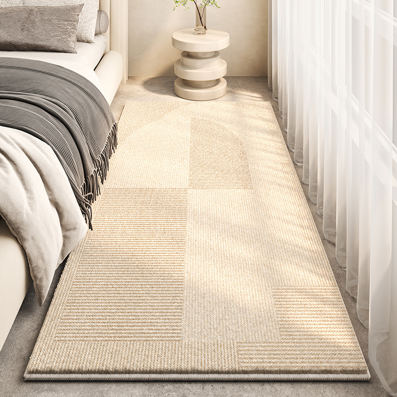 TEMU Faux Cashmere 1000g X 10mm Japanese Minimalist Beige Long Strip Bedside Rug Geometric Pattern Texture Bedroom Plush Carpet Soft Comfortable