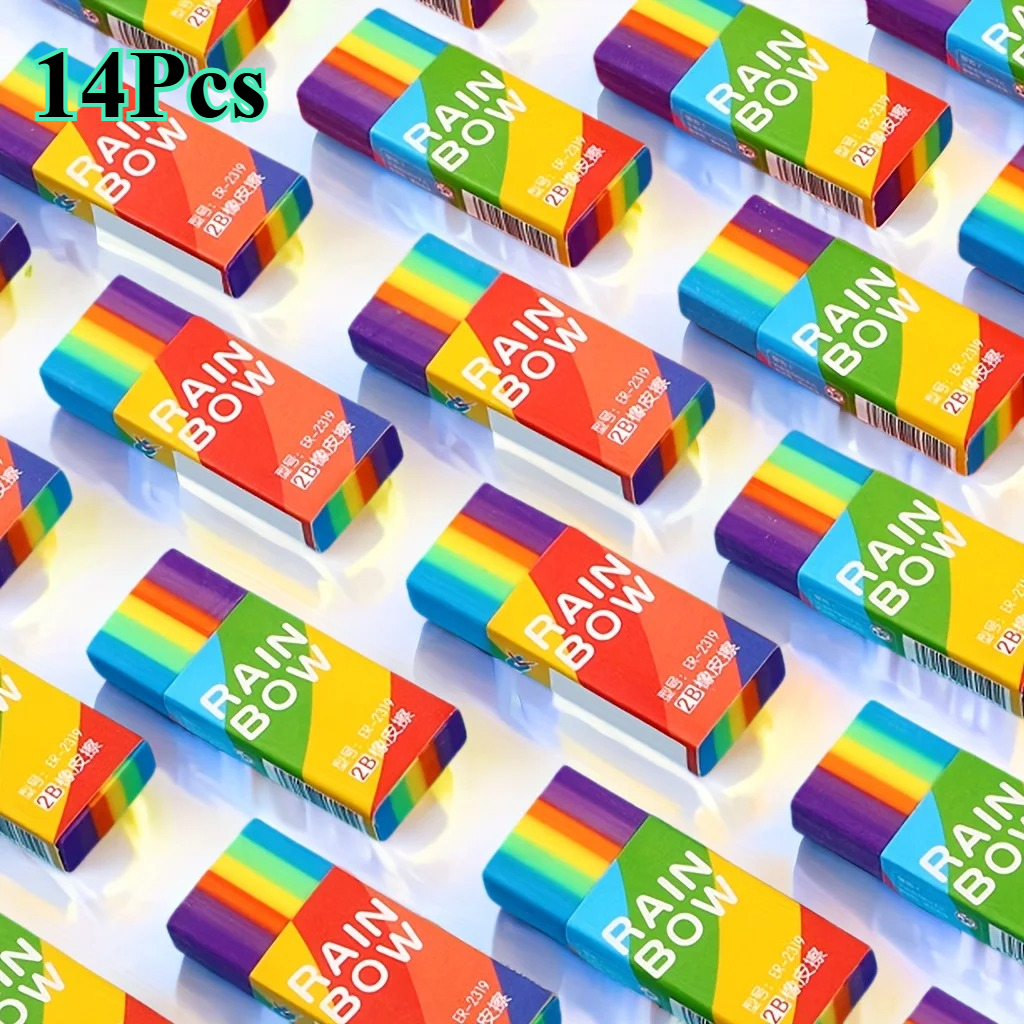 14-pack Rainbow 2b Pencil Erasers Soft Pvc Material Non-feathered For Writing Drawing - Stationery Office Study Supplies