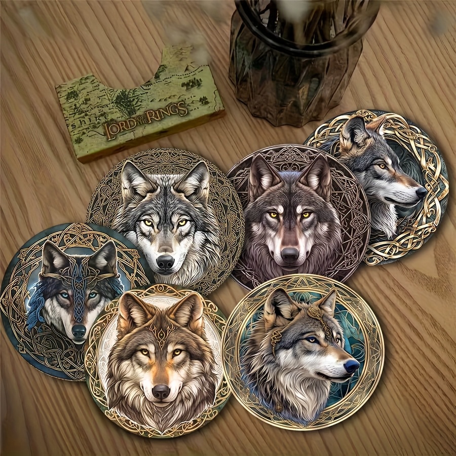 TEMU Ensemble de 6 dessous de verre ronds en bois uniques avec motif de totem de loup - Résistants à la chaleur, tapis de boisson décoratifs adaptés