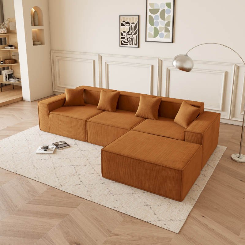 1 stuk moderne oranje modulaire l-vormige hoekbank met omkeerbare chaise, diepe zitkussens, comfortabele gestoffeerde stoffen bank voor wonen, ruimtebesparend appartementmeubilair, schuim-katoenen interieur, eenvoudige montage details 6