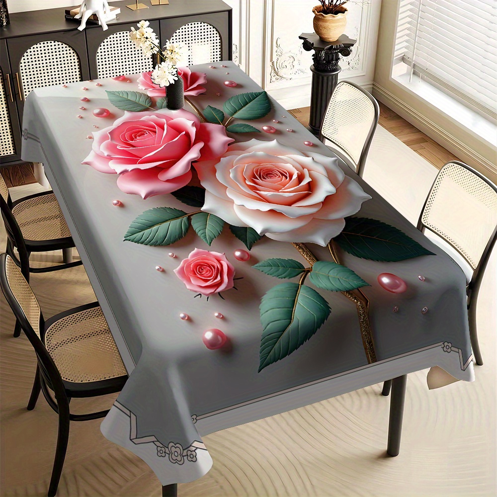 TEMU Halloween, Christmas, 1pc Tablecloth Soft Pink Rose: Romantic Poetry Print Pattern Table Cover, Suitable For Home, Kitchen, Restaurant, Party,