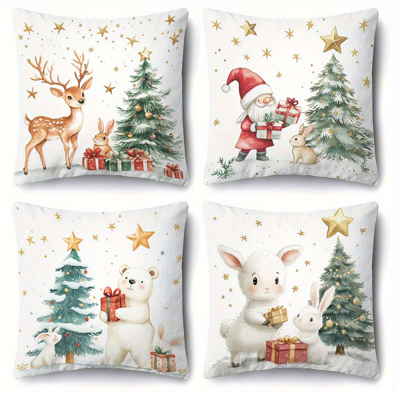 TEMU Set Of 4, Christmas Winter-themed Printed Pillow Covers With A Background Featuring Designs Of A Deer, Rabbit, Santa Claus, Polar Bear, Sheep,