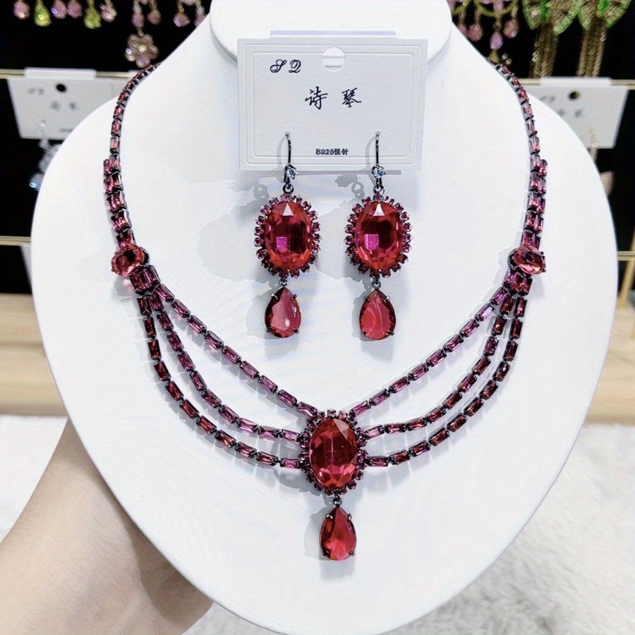 New European And Zirconia Luxury Necklace And Earring Set, Plum Red Pigeon Egg Style, Suitable For Wearing With Dresses, Neck Jewelry