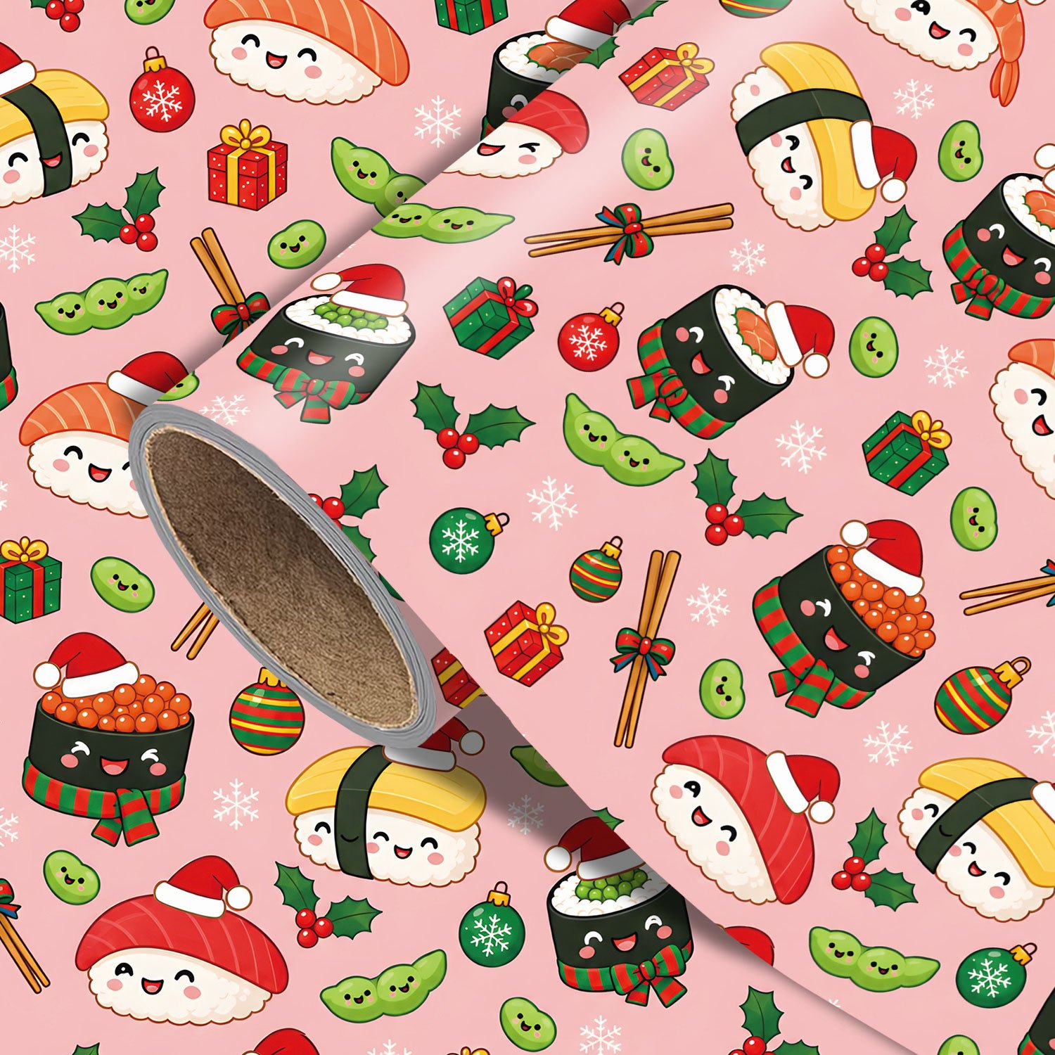 TEMU Rouleau de papier d'emballage de sushi de Noël - 17.7 X 118 pouces, papier d'emballage cadeau de Noël avec sushi Kawaii, rouleaux Maki, ,
