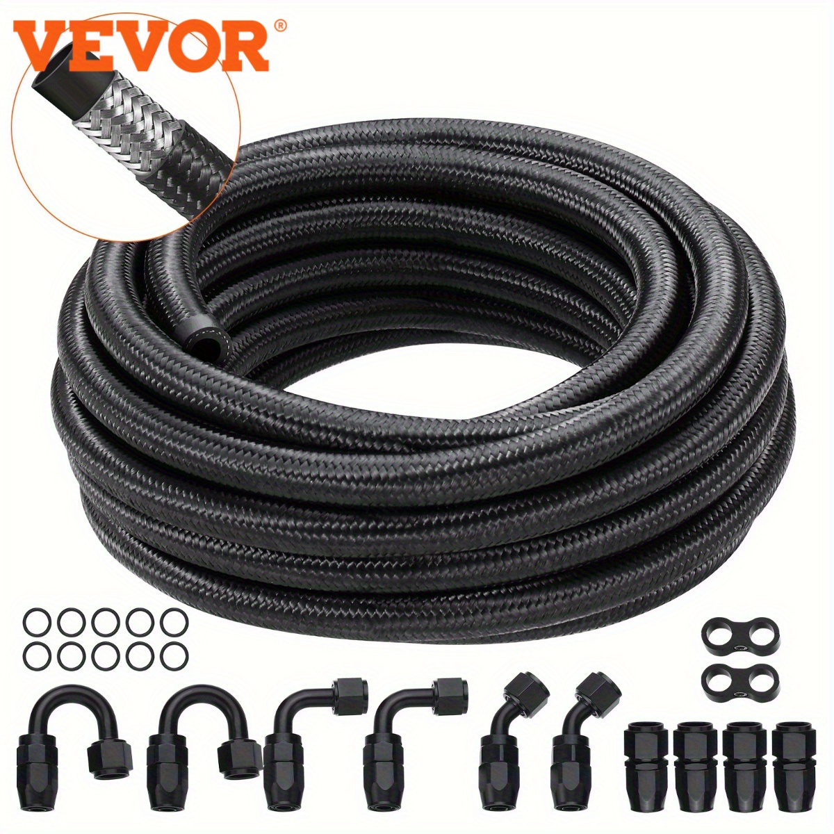 

12pcs Vevor 6an Fuel Line Kit, 20ft Black Nylon & Stainless Steel Braided Hose, 0.34" - Includes Swivel Adapter Fittings For Oil/gas/diesel, & Leak-resistant