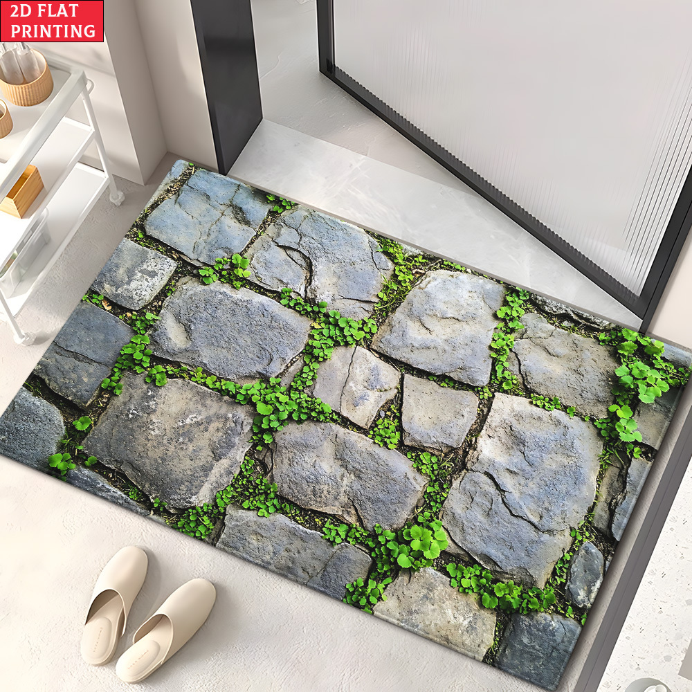 TEMU 2d Flat, 2d Flat 1pc 850gsm Stones With Moss And Door Mat, Outdoor Mat, Outdoor Rug, Bath Mat, Microfiber Absorbent Machine Washable Rug For