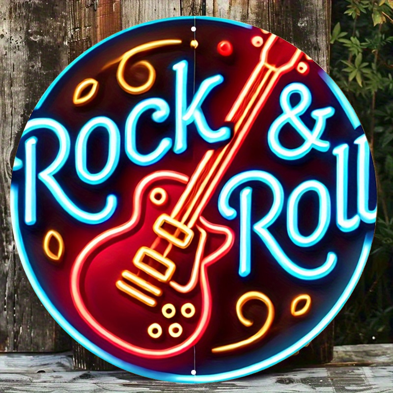 

1pc Vintage Rock & Roll 8x8" Aluminum Neon Guitar Sign - Retro Wall Art With Blue & Yellow Accents For Home, Bars, Cafes | Easy-to-hang, No Power Required