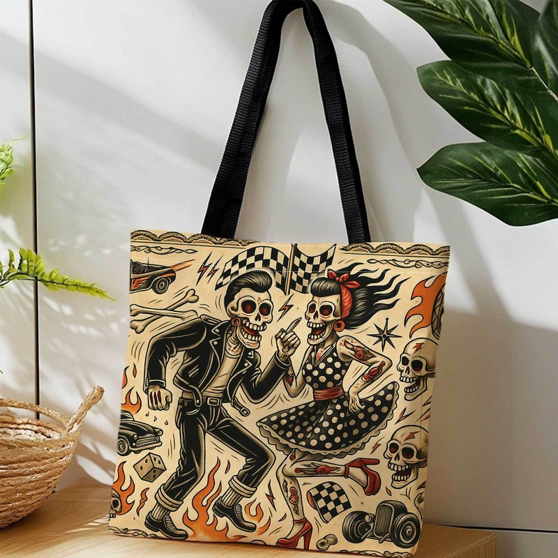 TEMU Bolso Tote de Compras, Pareja Clásica de Rock and Roll De pie de de Calavera con Coche de Carreras y Llamas, , Plegable y Reutilizable Bolso de