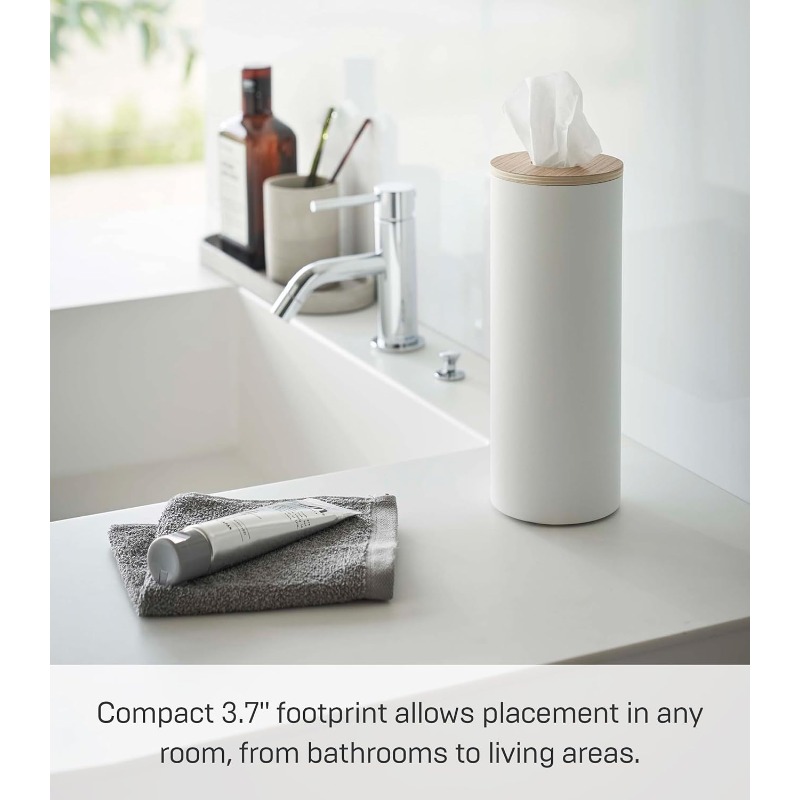 home rin reusable round tissue holder case - heavy-duty steel construction with elegant white & natural wood lid, modern bathroom/office/kitchen tissue dispenser, space-saving cylindrical design, durable metal tissue organizer for home or commercial use,   & hygienic storage, minimalist decor with sturdy base, smooth rounded edges, secure tissue roll  , stylish and functional for bathroom, kitchen, or office, tissue box with storage, tissue holder for bathroom Product details 2