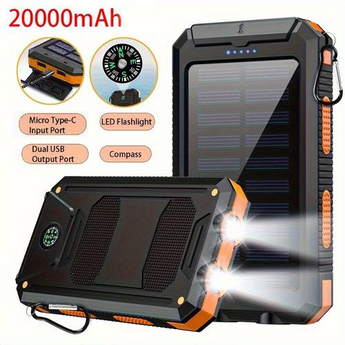 20000mah prenosná solárna , prenosná solárna nabíjačka pre mobilné telefóny, externá batéria na kempovanie pre mobilné telefóny, 2 usb/ led svetlomety s kompasom pre outdoor aktivity