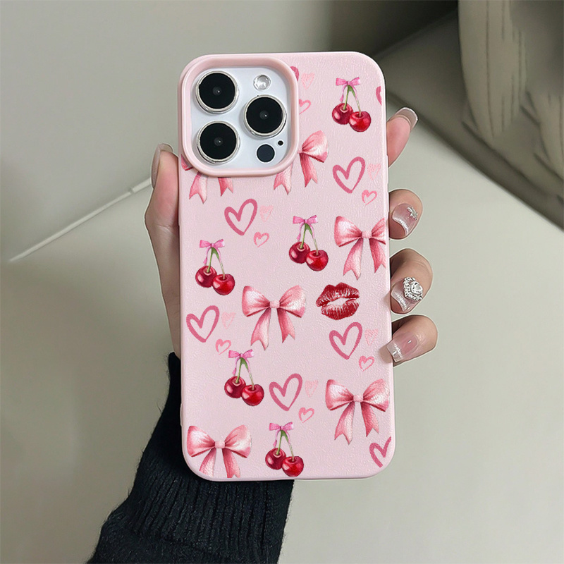 TEMU Phone Case: Pink Cherry Bow Tpu Phone Case, Drop-proof Full-coverage Precision Protective Cover, Suitable For Iphone 6/7/8/x/xs/xr/xs