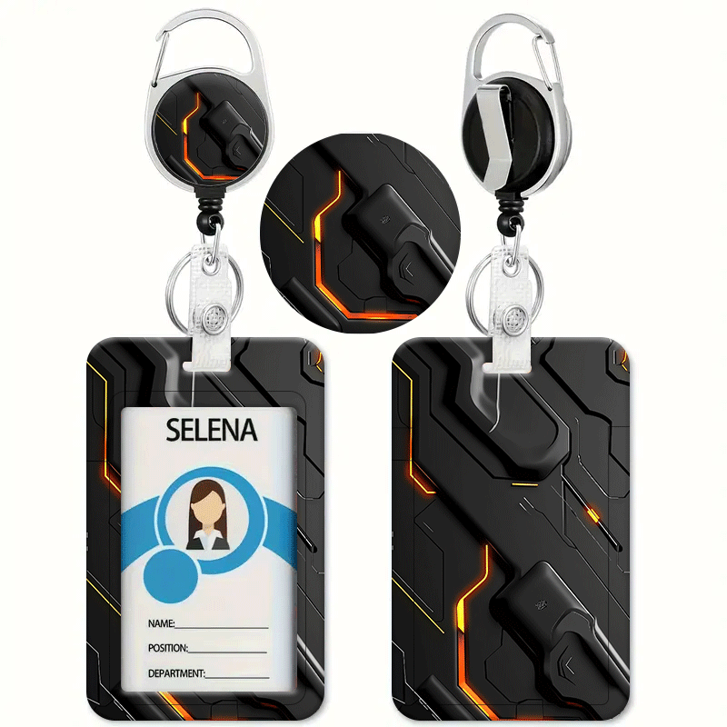 TEMU Tech-style Black Circuit Board Pattern Printed Card Holder With Retractable Clip Badge Reel - Id Badge Holder, Credit Card Holder, Heavy-duty Id