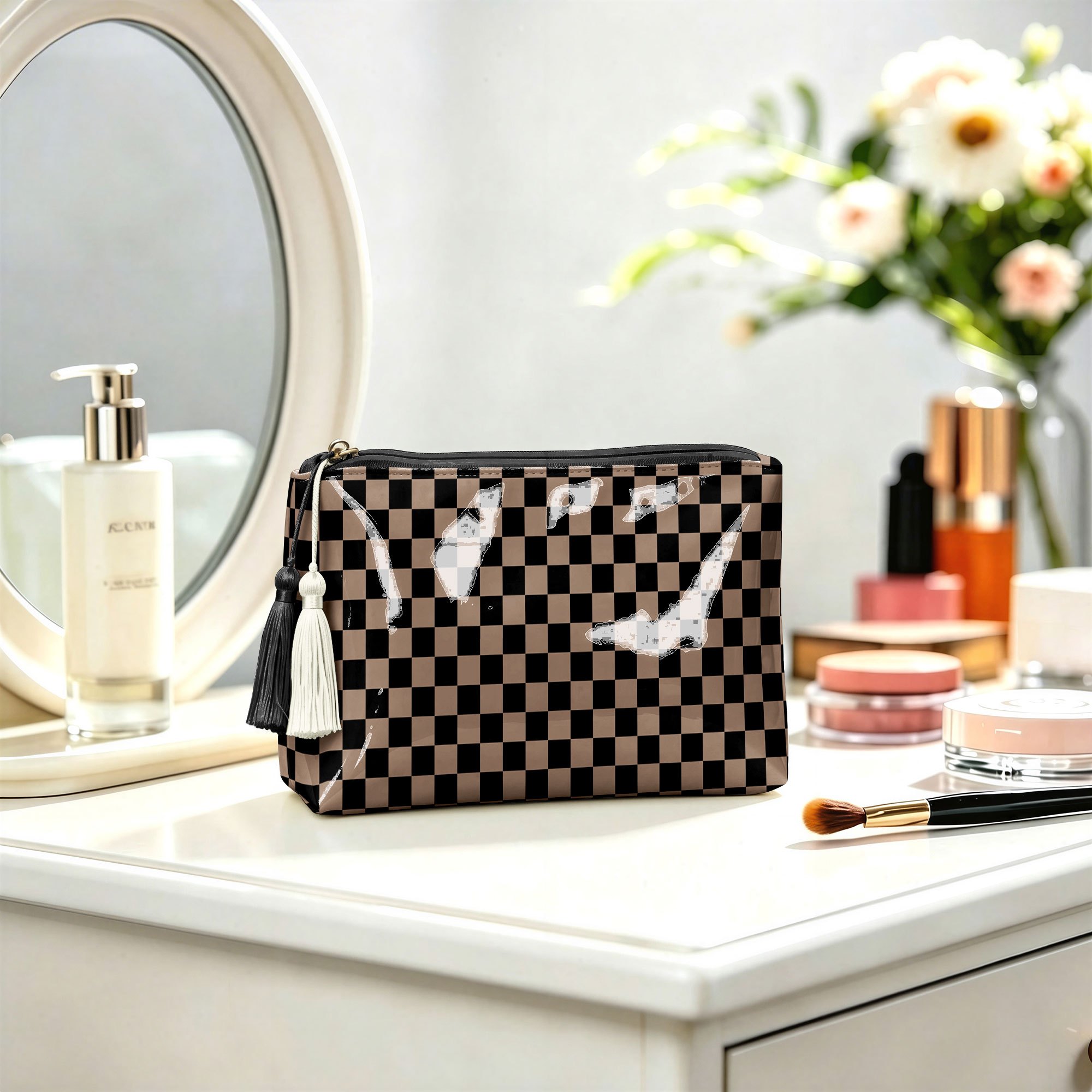 TEMU 1pc High Quality Pvc Large/small Checkerboard Makeup Bag With Pendant Tassel & Smooth Zipper - Portable Toiletry Suitable For Skincare, Brushes,