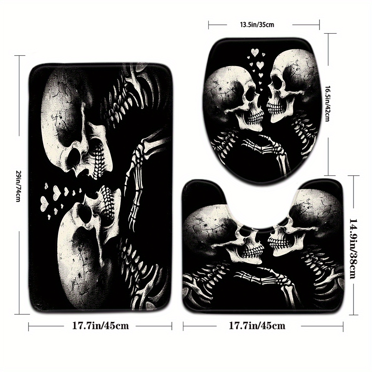 Image of 3pcs Halloween Black Background Heart Pattern Bathroom Mat Set With Toilet Seat Cover And U-shaped Foot Mat