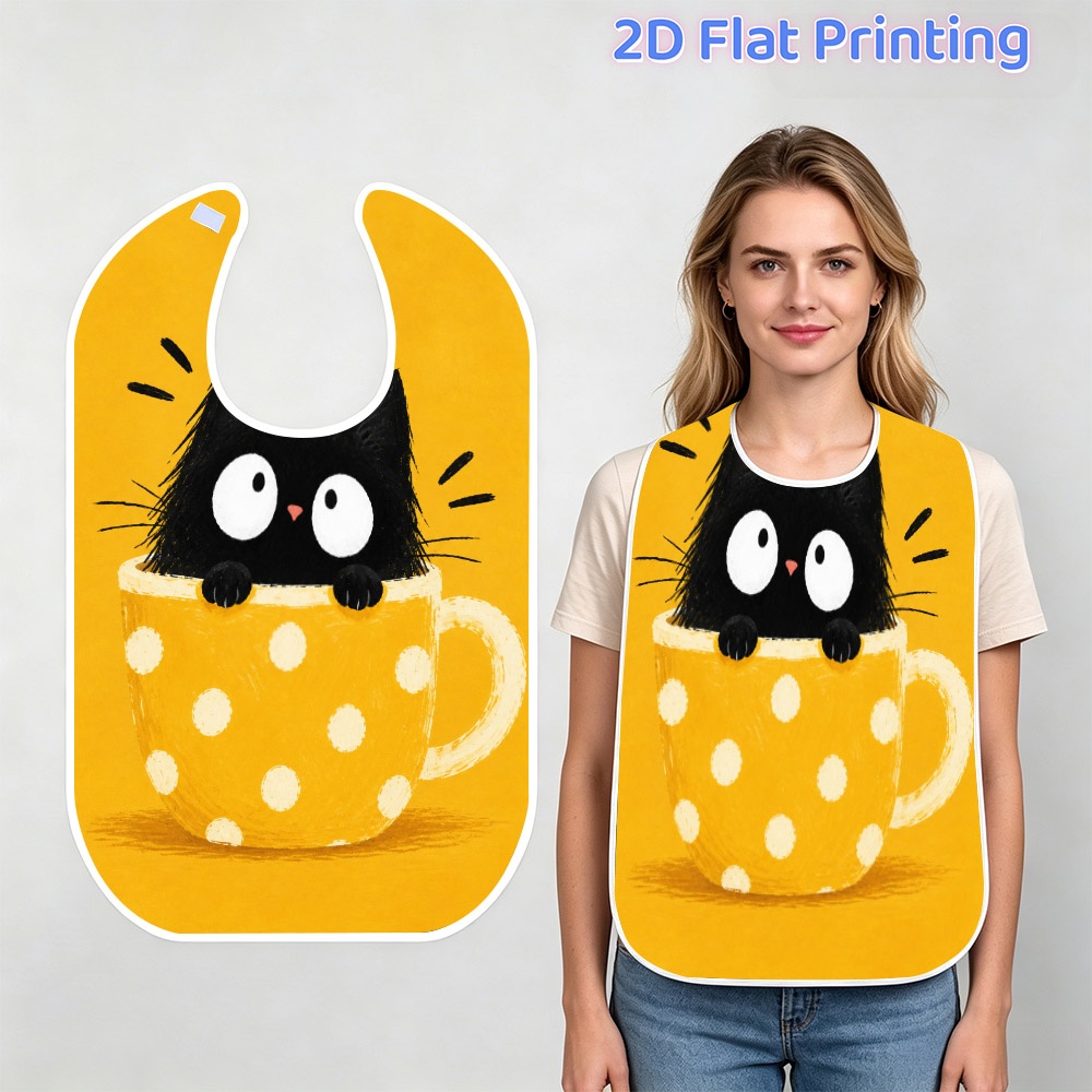 TEMU 1pc 2d Printed Adult Bib Featuring An Adorable Little Black Cat Peeking Out From A Yellow Polka-dot Teacup. Size: 45x75cm/18×30 Inches. Reusable