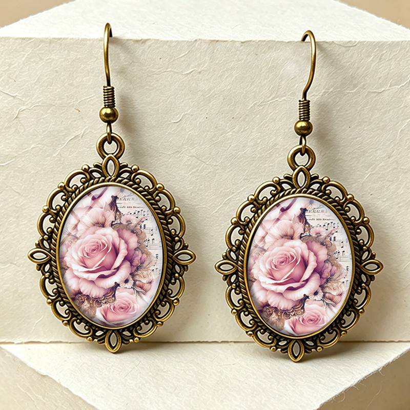 TEMU 1 Pair Handmade Men's Vintage Musical & Pink Rose Glass Cabochon Earrings - Oval Suitable For, Christmas, Wedding, Daily Wear - Jewelry Gift For
