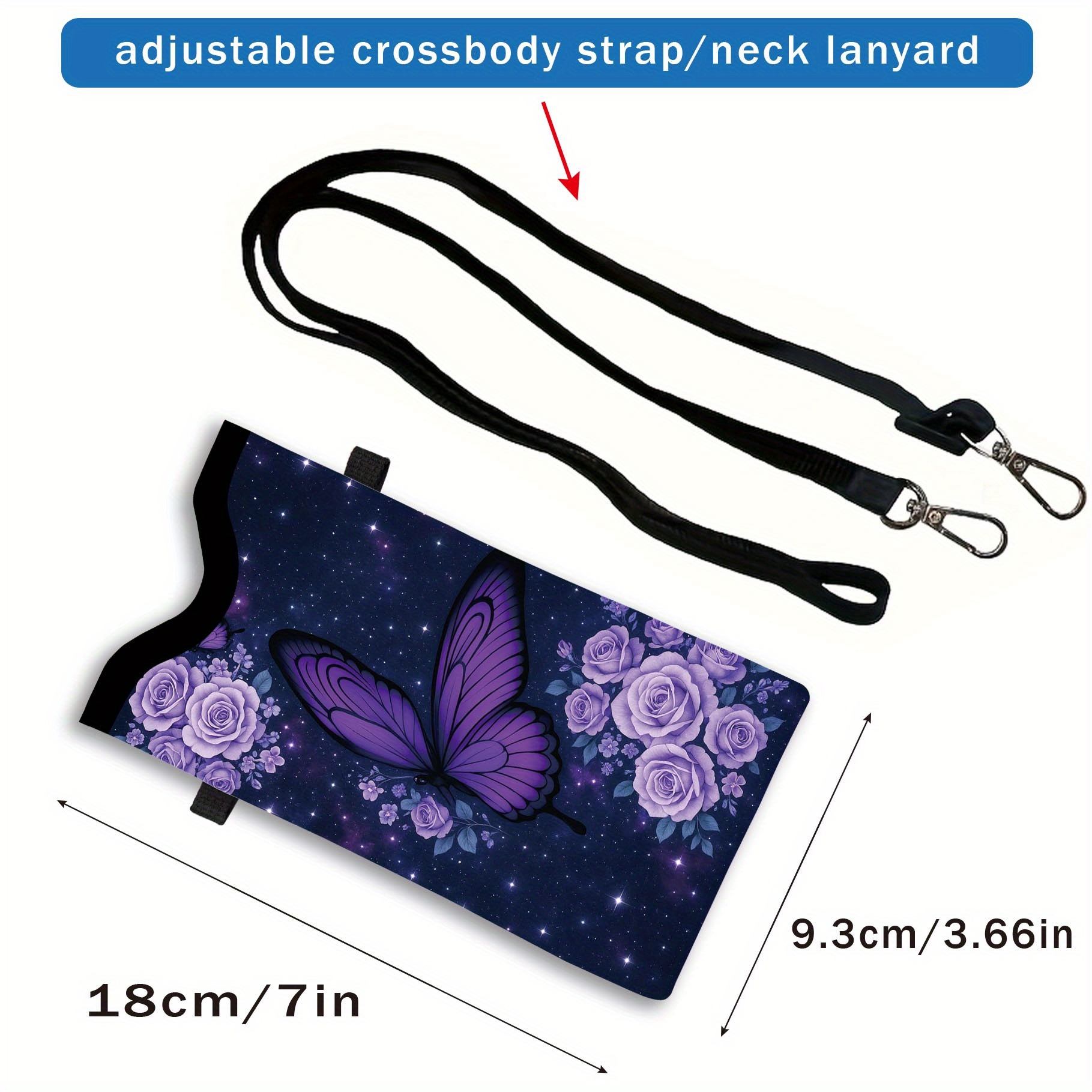 1 bucată Husă Telefon cu Imprimă Fluturi și Trandafiri Violeti pe Fundal Stelat - Curea Reglabilă, Piele Sintetică de Înaltă Calitate, Design Unisex pentru Majoritatea Telefoanelor și Portofelelor, Utilizare Casual și Elegantă Zilnică, Husă Telefon Fluturi, Accesoriu de Călătorie, Stil Modern