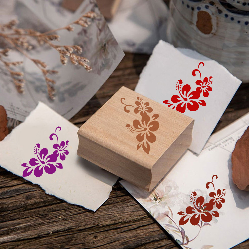 Double Hibiscus Scroll Lace Wooden Rubber Stamp