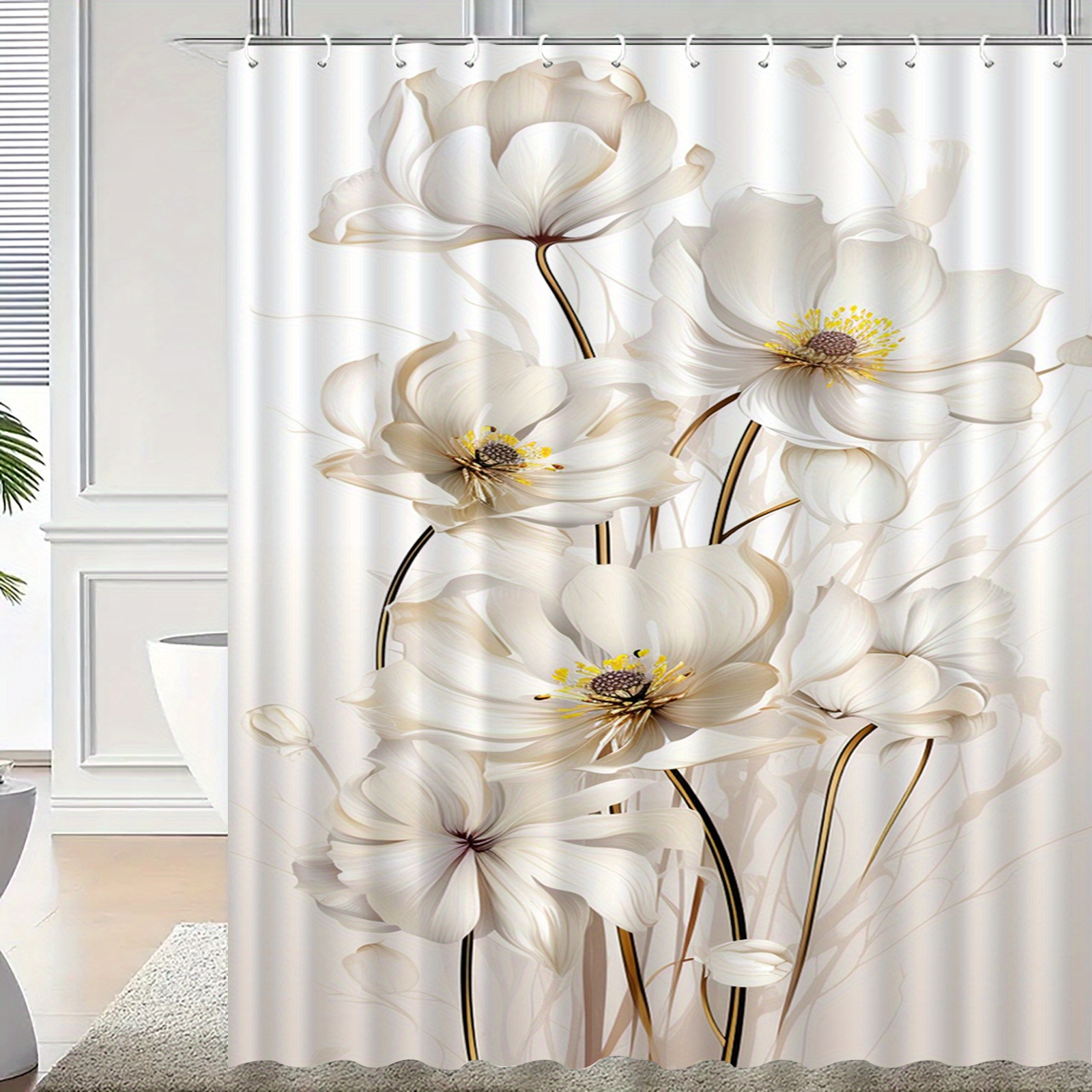 TEMU 1pc White For Lotus Pattern Shower Curtain With Hook, Water-washing Shower Curtain, Bath Partition, Bathroom Accessories, Home Decoration
