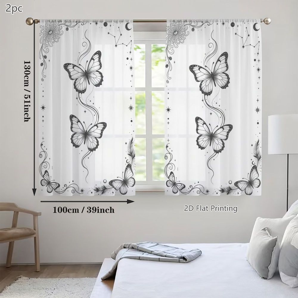 TEMU Plat 2D, 2pcs Rideaux Voilages Semi-Transparents, Rideaux Voilages Imprimés Motif Papillon Mystique et Céleste, pour Salon, Chambre, Cuisine,