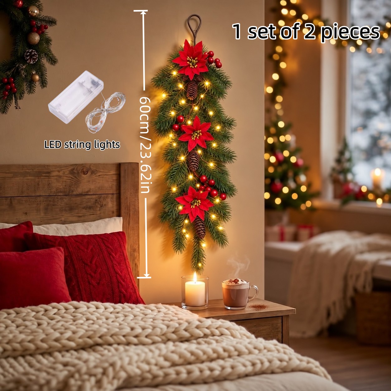 TEMU 2 stuks Kerstster LED-snoerlichtslinger met kunstmatige dennentakken, 3 rode kerststerren, dennenappels & - Hangende wanddecoratie geschikt voor
