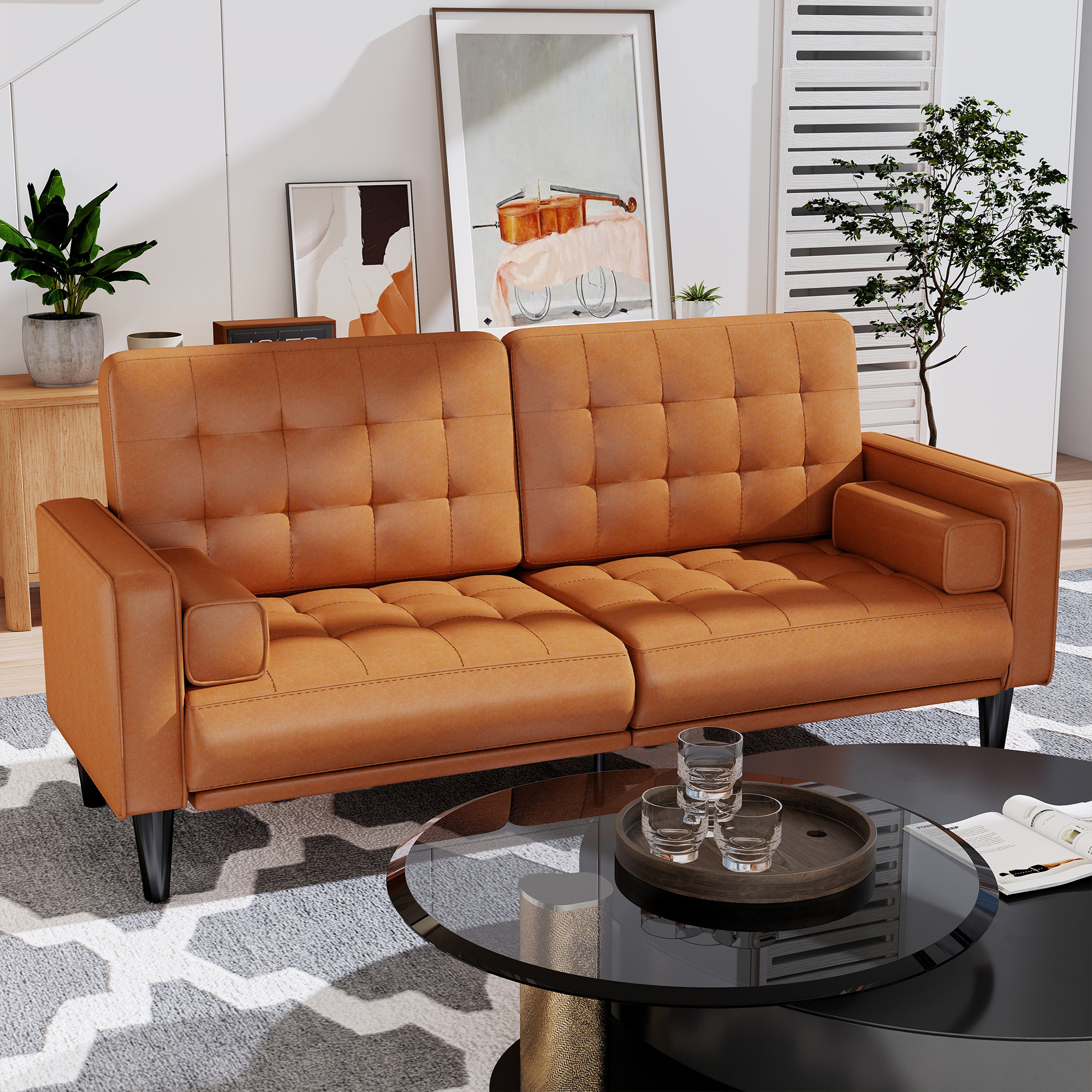 70inch Mid-Century Modern Couch, Breathable Faux Leather Couch with Upholstered Cushions/Pillows, Metal Decorative Legs. Combines Comfort And Durability, for Living Rooms/Offices, Convenient And Practical, Easy to Assemble.
