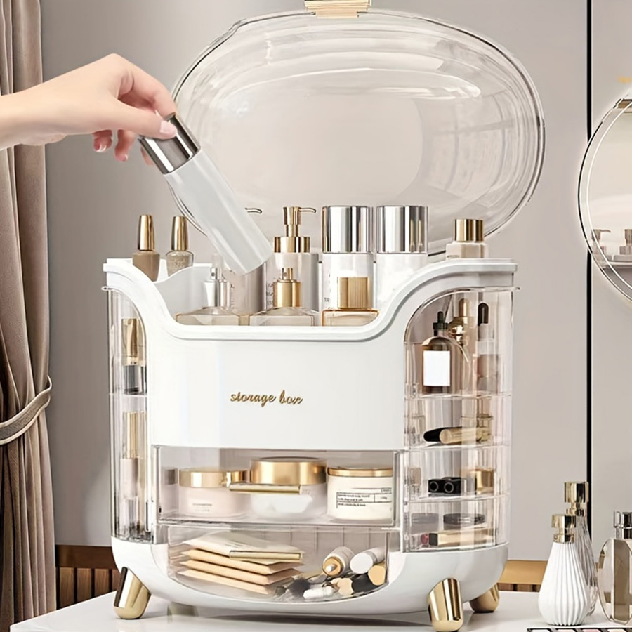 large capacity plastic cosmetic organizer with drawers & compartments - elegant pastel mint   portable makeup storage box, golden-  hardware, durable lightweight design for bathroom, vanity, bedroom - jewelry & accessory organizer, no power needed Product details 5
