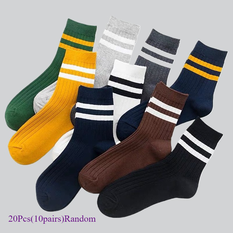 5 Pairs/10 Pairs Random Colors Casual Outdoor Running Socks Men' Band Mid-calf Autumn Winter Style Long Sweat-absorbing Anti-odor Athletic Striped Socks, Sweat-resistant