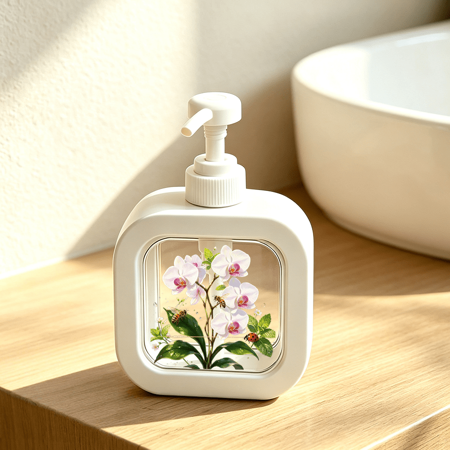 TEMU 1 stuks Handmatige Pomp Dispenser , 2D Witte Orchidee En Bij Stijl Ontworpen voor Gemakkelijk Doseren van Vloeibare Handzeep, Afwasmiddel, En