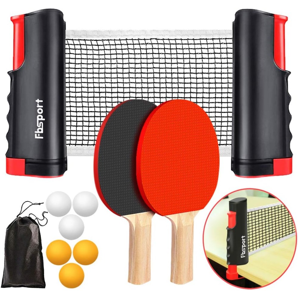 Zree Black Portable Table Tennis Set, Expandable 165cm Mesh Frame With Racket, 6 Balls, 3 Yellow And 3 White Storage Bags, , Suitable For , Christmas Gifts, Portable Table Tennis Combination