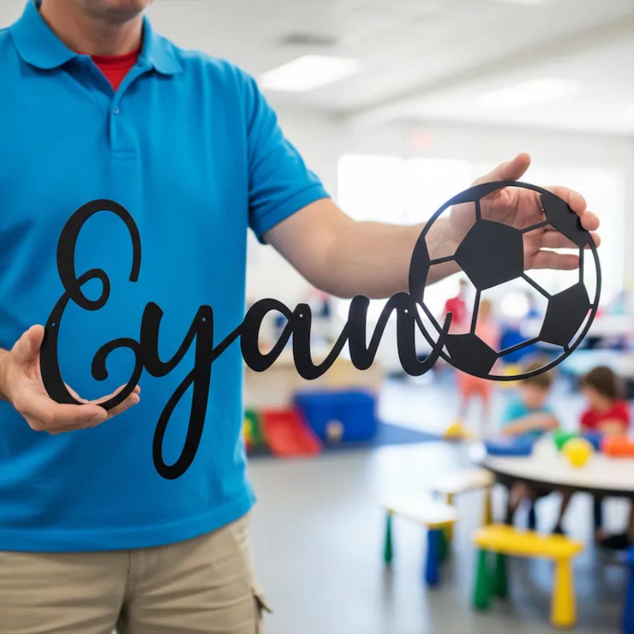 TEMU Personalized Soccer Name Metal Wall Sign, Custom Football Name Sign Metal Wall Art, Sports Themed Kids Room Decor, Custom Name Hanging Wall