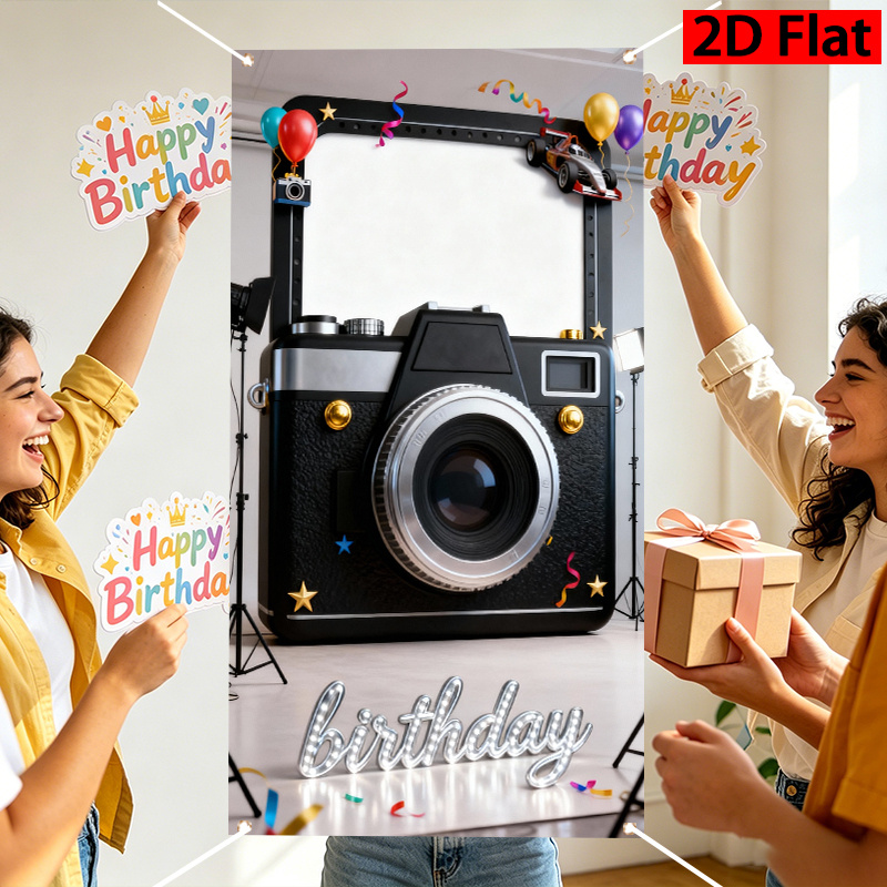 item picture 2d party photobooth props camera and balloon racing car theme birthday photo banner door curtain indoor and outdoor decorative backdrop cloth bright colors multifunctional durable   for birthday celebrations