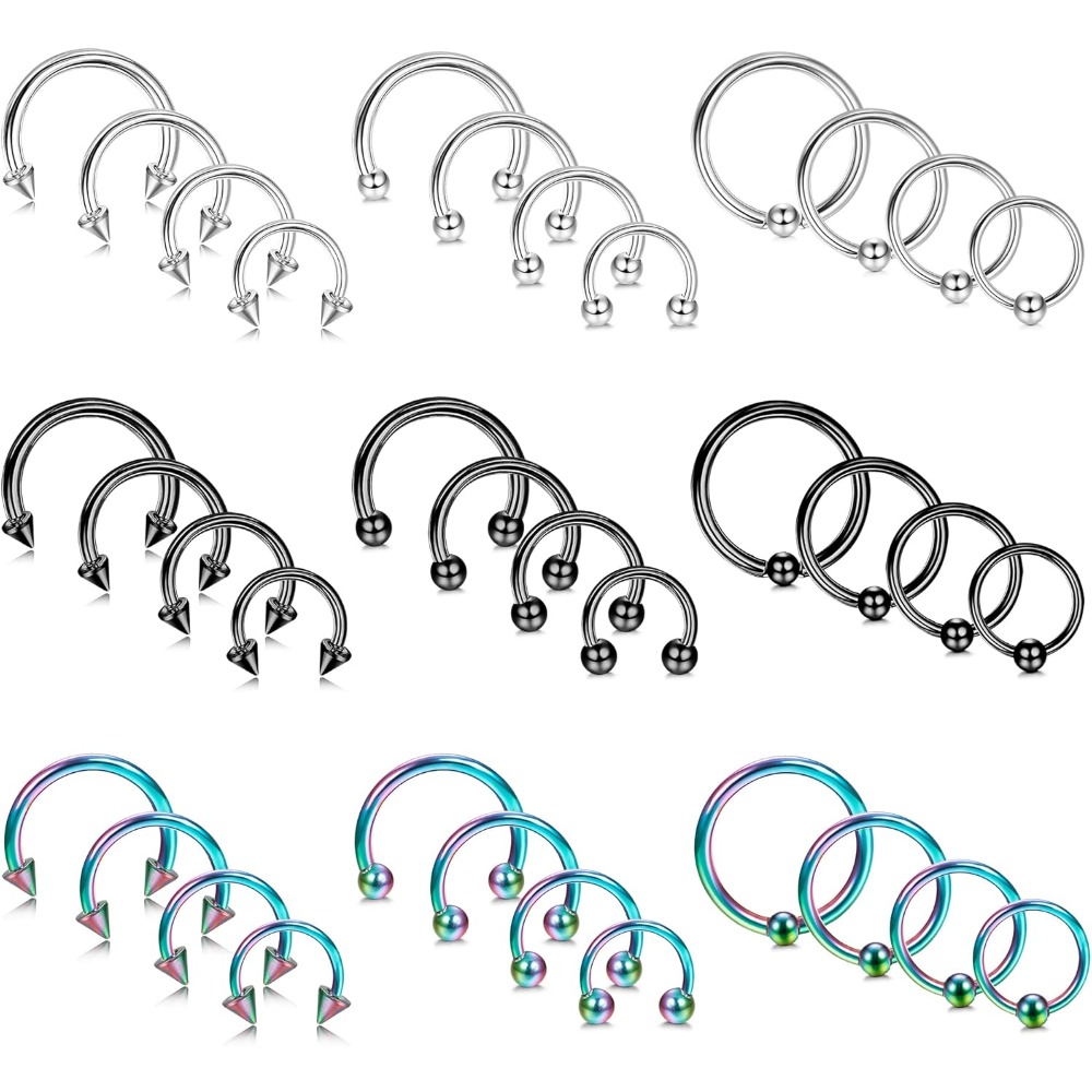 36pcs Stainless Steel Horseshoe Rings Hoop Nose Rings Septum Rings Eyebrow Lip Rings Daith Helix Tragus Piercing Jewelry Unisex Assorted Sizes
