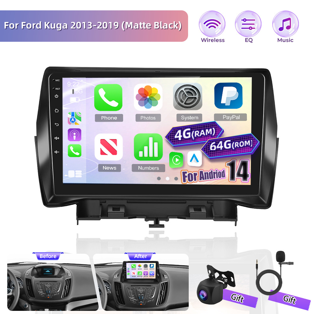 [4g+64g] For Ford Kuga 2013-2019 (matte Black) 14 Car Radio Stereo With Auto, 9 Inch Ips Touchscreen Car Stereo Bluetooth5.0, Wifi, Swc, 59ui, 32eq Ai Dsp + Hd Backup Camera Mic +car Frame