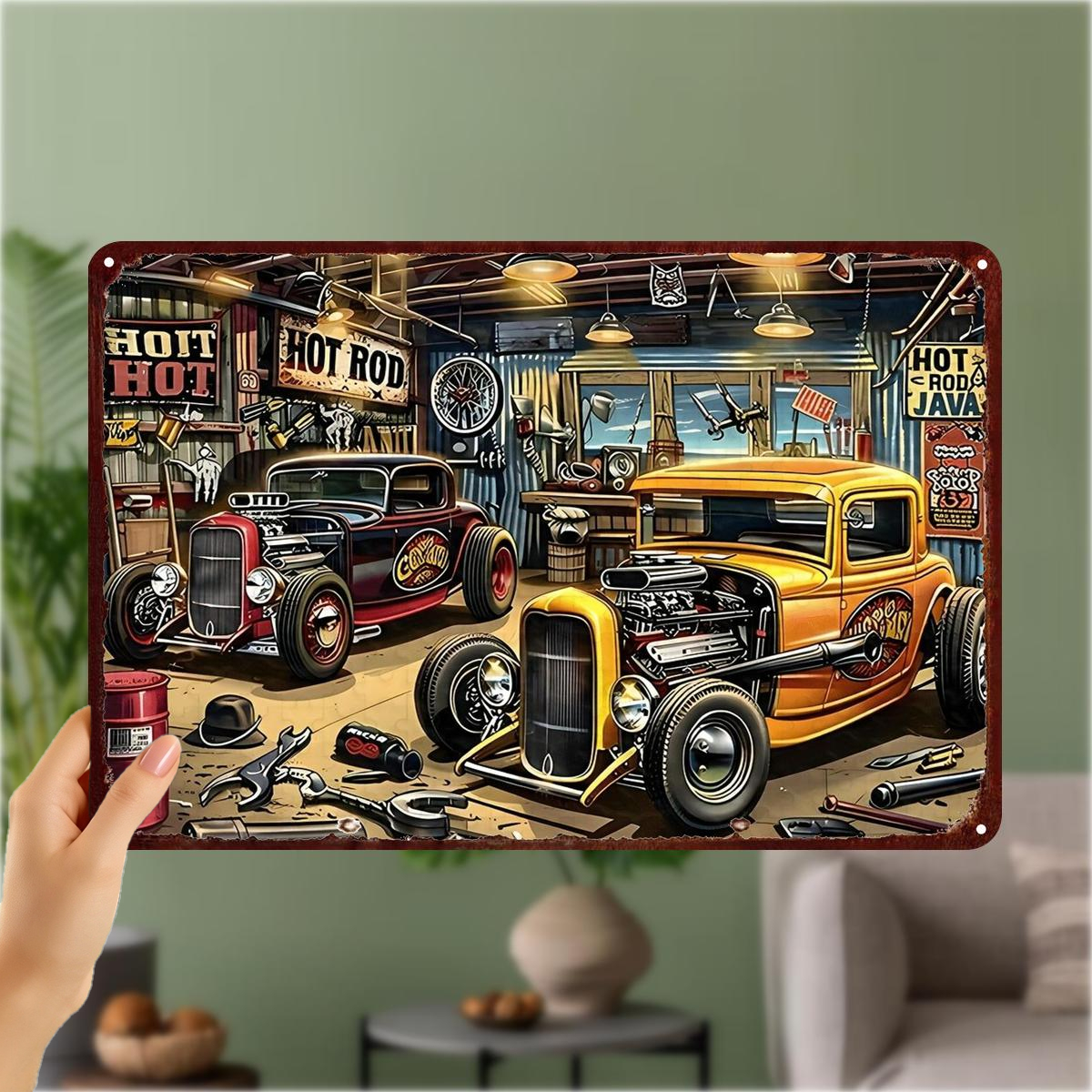 TEMU 2d Flat, 2d Flat 1pc, Vintage Hot Rod Garage Metal Art Wall Decor - Classic Car Workshop Scene Iron Sign For Man Cave Or Auto Enthusiast Gift